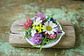 Early summer flowers: ox-eye daisy, clover, rapeseed and chickweed