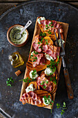 Grilled sweet potato slices with cream cheese and bacon