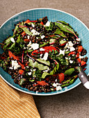 Warm Mediterranean lentils with Swiss chard, peppers and vegan feta substitute