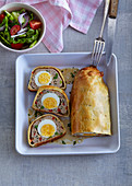 Strudel with minced meat and boiled eggs