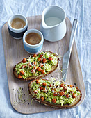 Crispy bread with avocado and spicy chick peas
