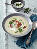 Celery soup with roasted bacon