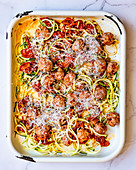 Pork Meatballs Traybake with Roasted Tomatoes and Zucchini Noodles