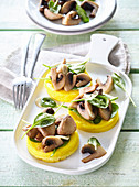 Polenta toasts with spinach and mushrooms