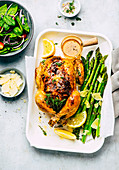 Roast chicken with green asparagus