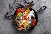 Roasted sea bream with lemon, tomatoes and herbs in pan