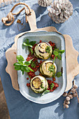 Winter eggplant timbale with ricotta cream and pesto