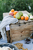 Fruits on wooden box