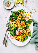 Vegan tofu salad with radishes, corn, avocado and spinach