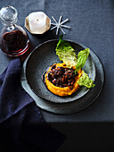 Venison ragout on pumpkin puree with savoy cabbage (Christmas)
