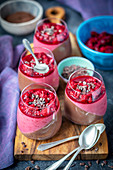 Chocolate and raspberry jelly desserts (panna cotta)