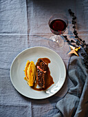 Saddle of venison with glazed chicory and coffee sauce (Christmas)