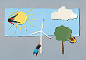 Children arranging environmental symbols (illustrations)