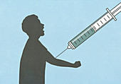 A large vaccination syringe being injected into the arm of a screaming man (illustration)