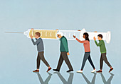 Four people carrying a large vaccination syringe (illustration)