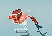 Mädchen schiebt Einkaufswagen voll mit Fleisch (Illustration)