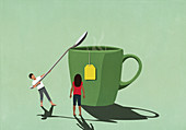 Mit einem großen Löffel Zucker in eine Tasse Tee geben (Illustration)