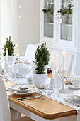 Weiß gedeckter Weihnachtstisch mit kleinen Bäumchen