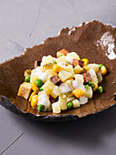Molecular potato salad with smoked tofu (vegan)