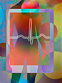 Pulse trace on a tablet over a woman's body, illustration