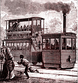 Steam-powered tram, 19th century illustration