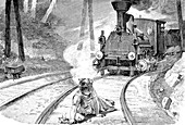 Child playing on the railway tracks, illustration
