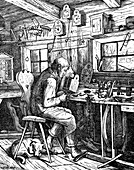German watchmaker's workshop, 19th century illustration