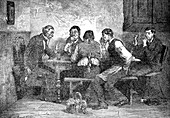 Men drinking beer and discussing politics, illustration