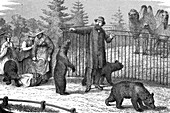 People walking through a zoo, 19th century illustration