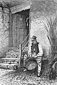 Man making a wicker basket, 19th century illustration