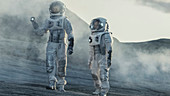 Two astronauts exploring an alien planet