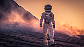 Astronaut walking on a red planet during sunset