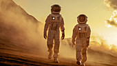 Astronaut walking on alien planet