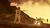 Astronaut planting US flag on alien planet