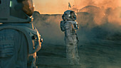 Two astronauts wearing space suits standing on alien planet