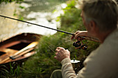 Man fly fishing at riverbank