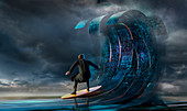 Businessman surfing binary code waves, illustration
