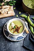 Fava bean soup with bacon and croutons