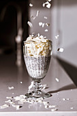 Chia seeds and coconut milk pudding with coconut chips in a glass Vegan healthy breakfast