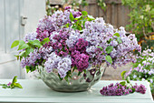 Lush bouquet of lilacs in a silver bowl