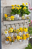 Wire shelf with hook rail as Easter decoration: mini bouquets in blown-out eggs hung as vases, pots with primroses and Easter eggs, message: Happy Easter