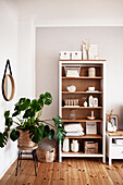Living room in Scandinavian design: white and beige ornaments on shelves and houseplant