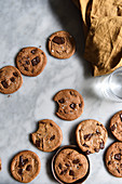 Homemade chocolate cookies on a work surface