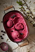 Blackcurrant ice cream in a metal tin with some of it scooped into balls