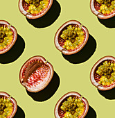 Tropical exotic Passion Fruit on green background Pattern
