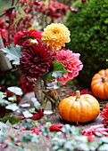 Herbsttisch mit Dahlien, Kürbis, Efeu und Ahornblättern
