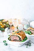 Beef Wellington for Christmas with spinach and mushrooms