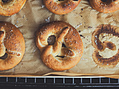 Homemade pretzels on an oven tray