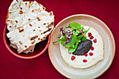 Houmus with pomegranate seed and salad with flat bread