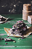 Dark chocolate bark with rose petals and pistachios